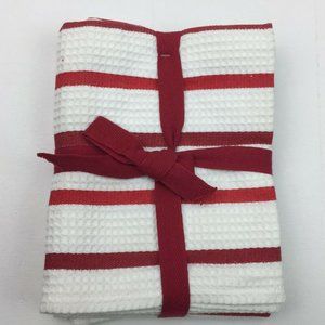 Red White Waffle Weave Dish Kitchen Stripe Towels Set 3